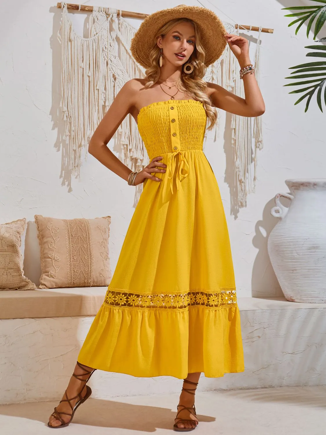 Sunset Vacation Smocked Frill Tube Midi Dress