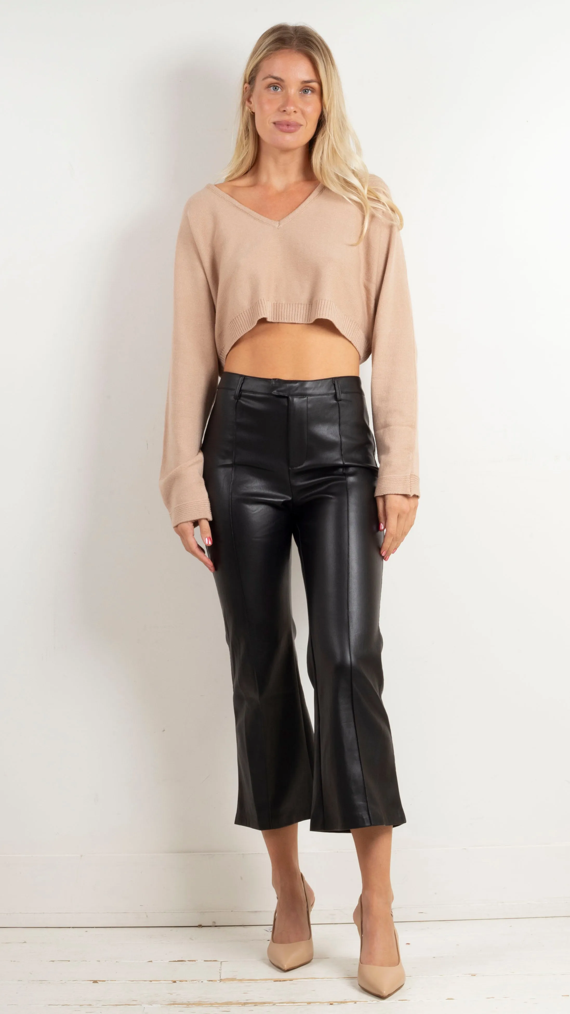 Tara Cropped V Sweater - Taupe