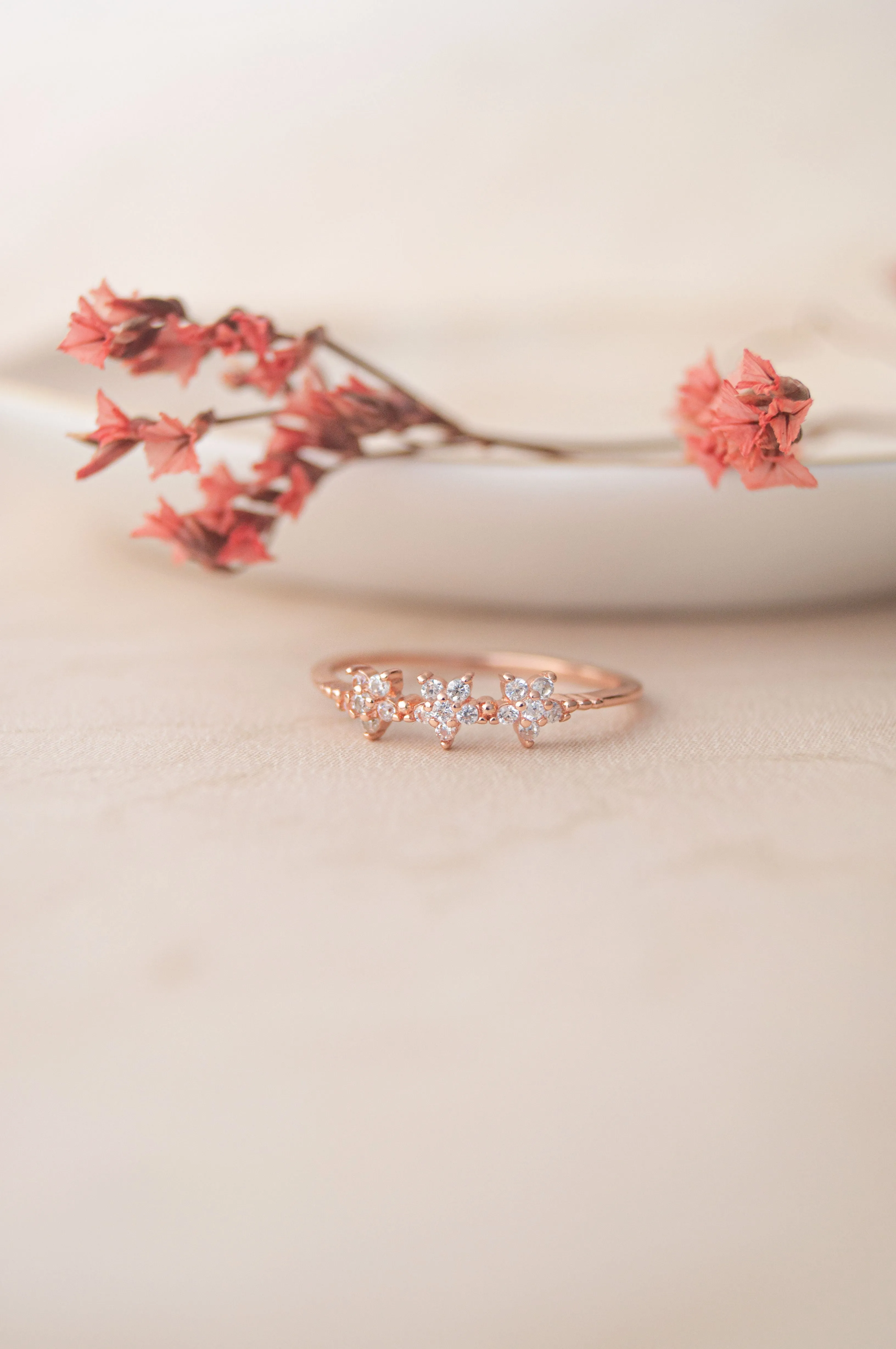 Triple Flower Sterling Silver Delicate Ring