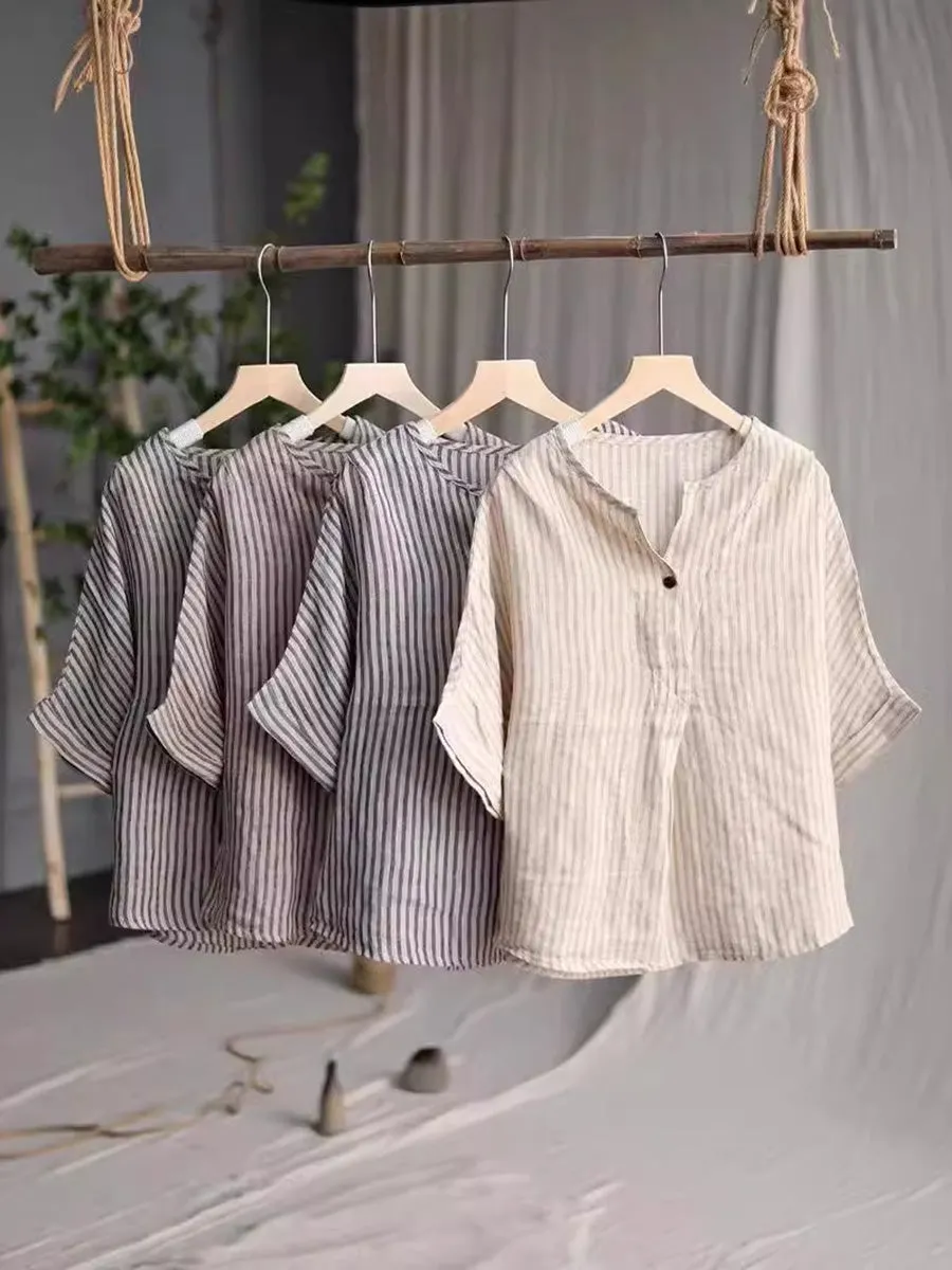 Women Casual Stripe Summer Linen V-Neck Shirt PA1001